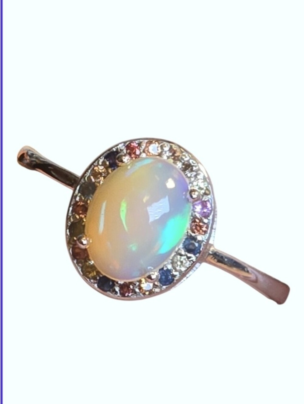 925 Sterling Silver Ring Sz 7 with Natural White Opal 6x8mm & Sapphire Gems.